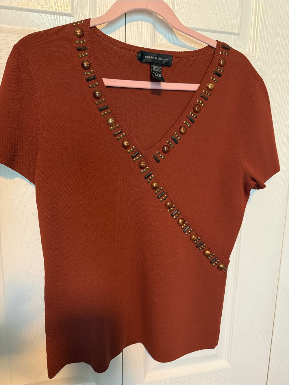 Cable & Gauge Rust Short-Sleeve V-Neck Top with Stud Detail